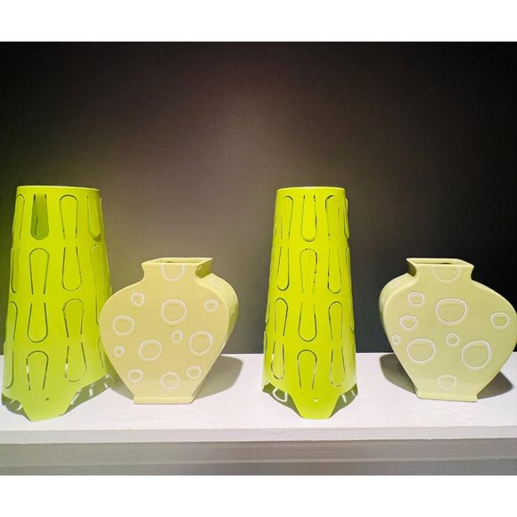 Modern Abstract Lime Green Vases (Set of 2) – Retro Minimalist Home Decor - Picture 5 of 9